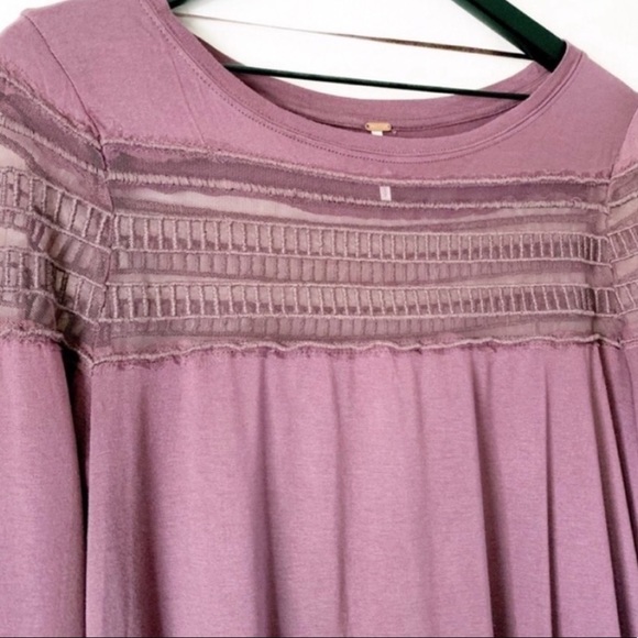 ☮️👚 FREE PEOPLE Low Hi side slits sheer mesh InSet neck Long Sleeve Top NWOT - Picture 3 of 9